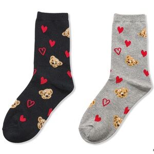 NWT Zenana Black & Grey Teddy Bear Heart Crew Socks Cozy Cute Gift One Size